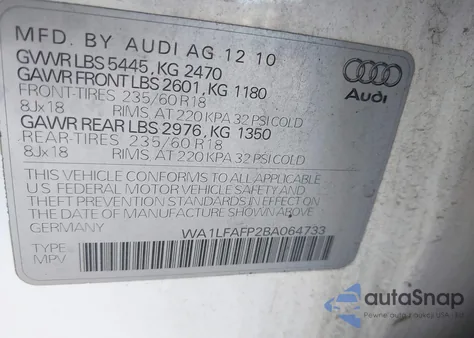 2011 Audi Q5 2.0T Premium z USA, uszkodzony, nr VIN WA1LFAFP2BA064733